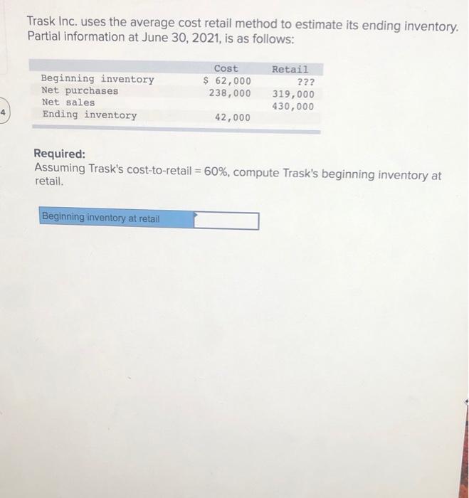  Trask Inc. uses the average cost retail method to estimate its