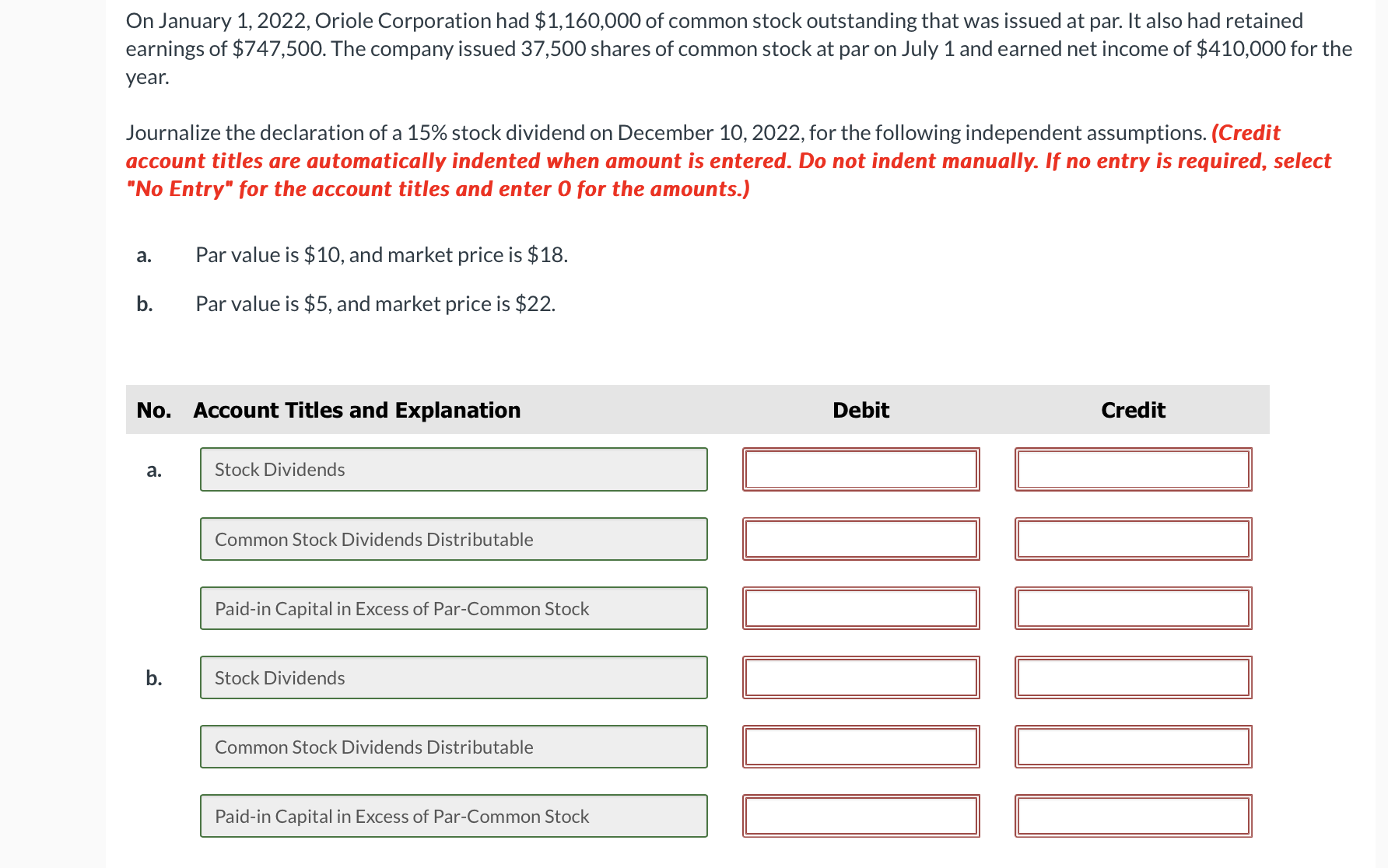  On January 1,2022, Oriole Corporation had $1,160,000 of common stock outstanding