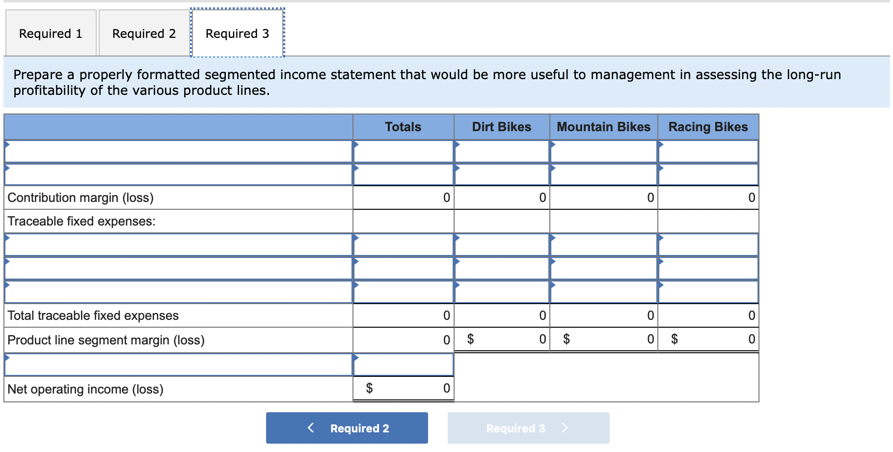 bicyclesa dirt bike, a mountain bike, and a racing bike. Data on