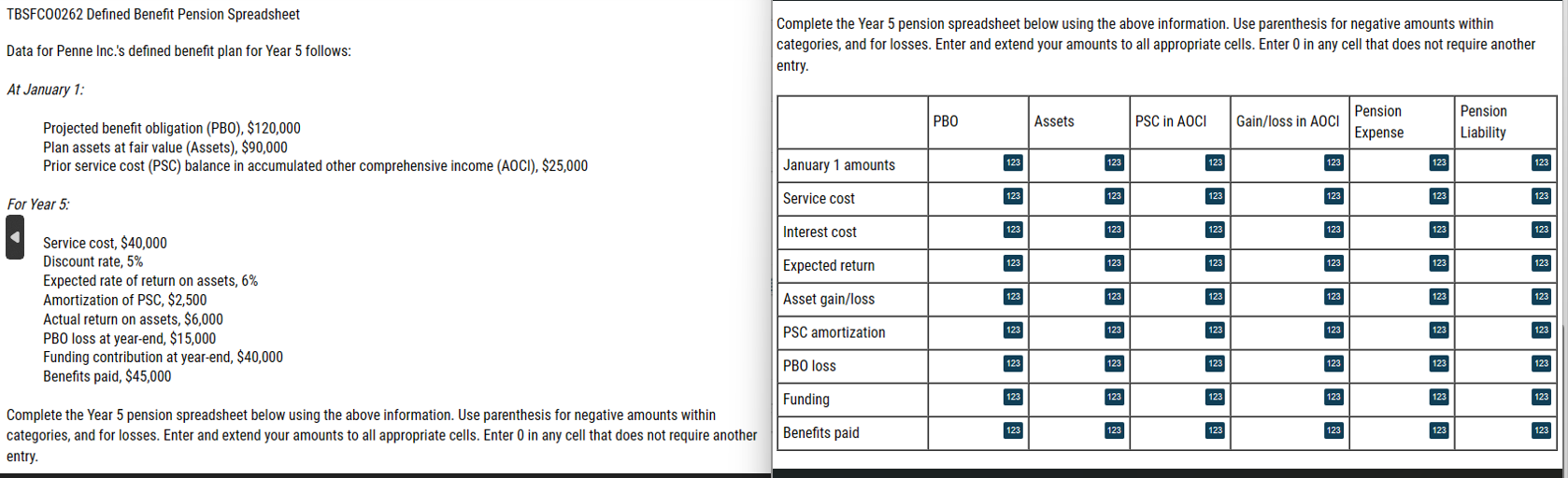 TBSFC00262 Defined Benefit Pension Spreadsheet Data for Penne Inc.'s defined benefit
