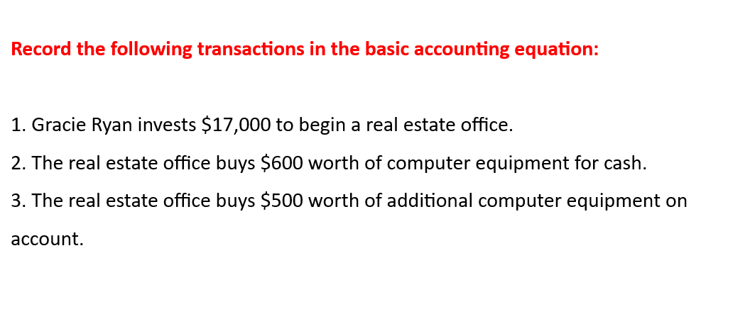  Record the following transactions in the basic accounting equation: 1. Gracie