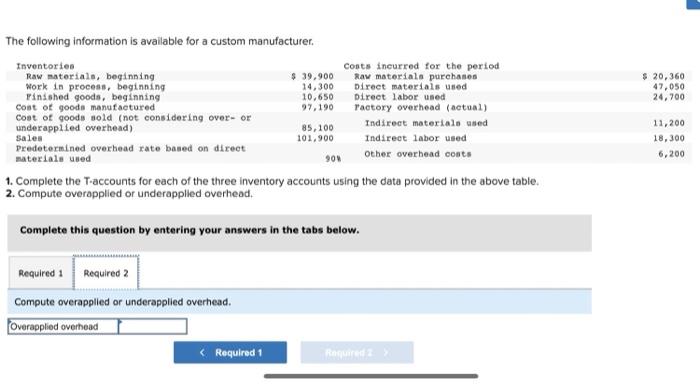 20,360 47,050 24,700 The following information is available for a custom manufacturer