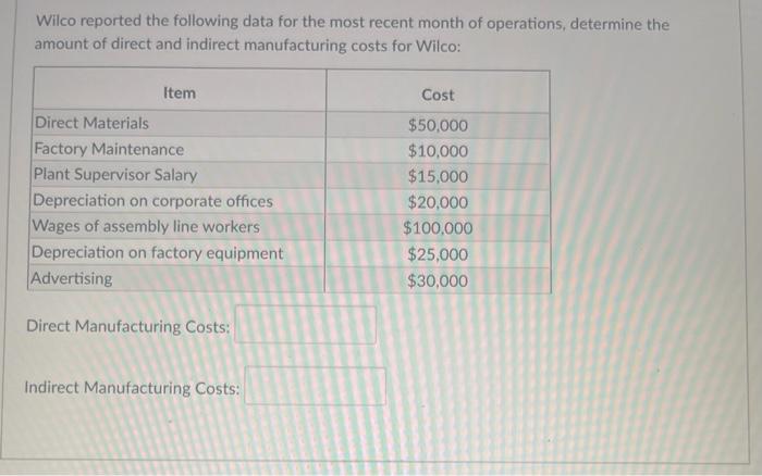 help asap please! Wilco reported the following data for the most recent