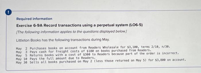 Please help' #9 Required information. Exercise 6-9A Record transactions using a perpetual