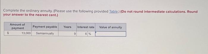  Complete the ordinary annuity. (Please use the following provided Table) (Do