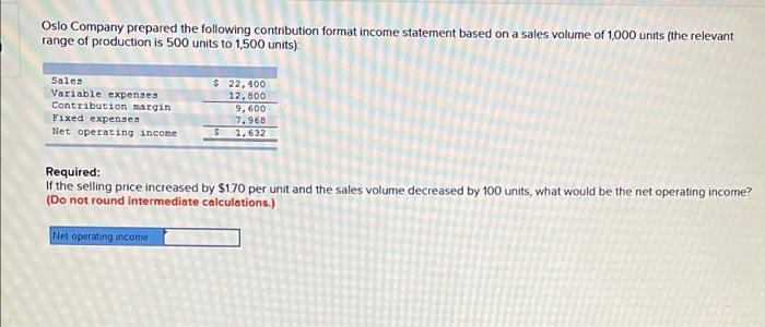  Oslo Company prepared the following contribution format income statement based on
