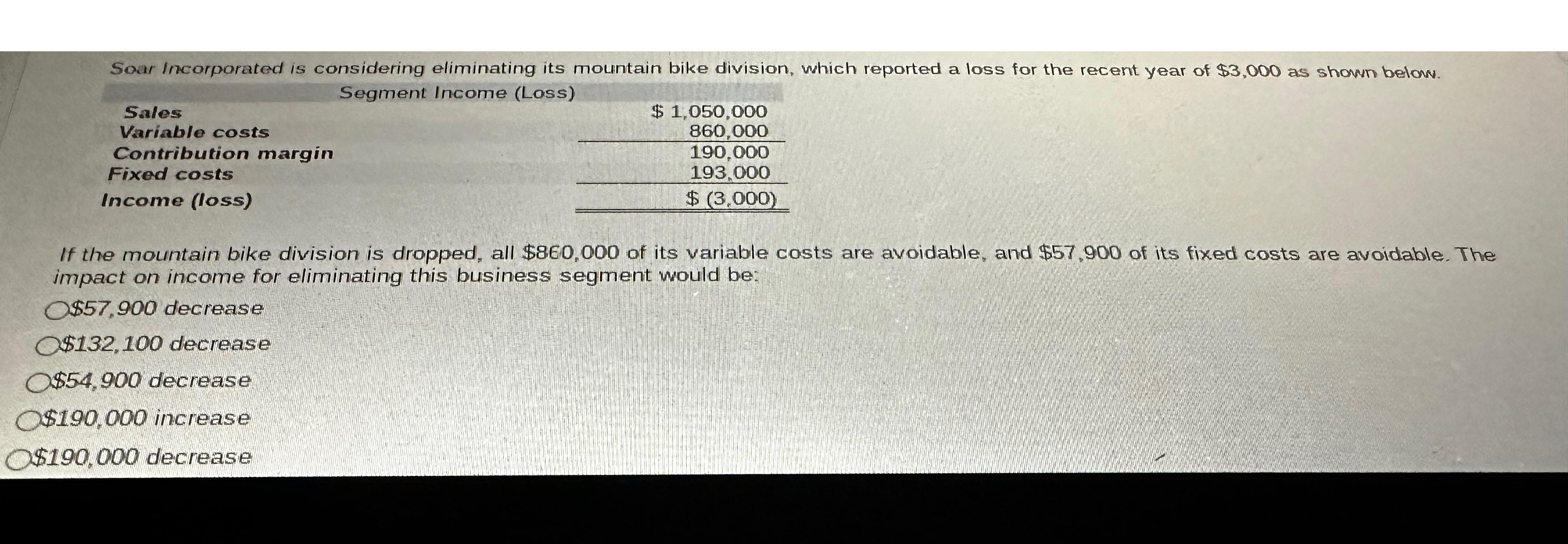  \table[[Sales,Segment Income (Lass)],[Variable costs,$1,050,000 
