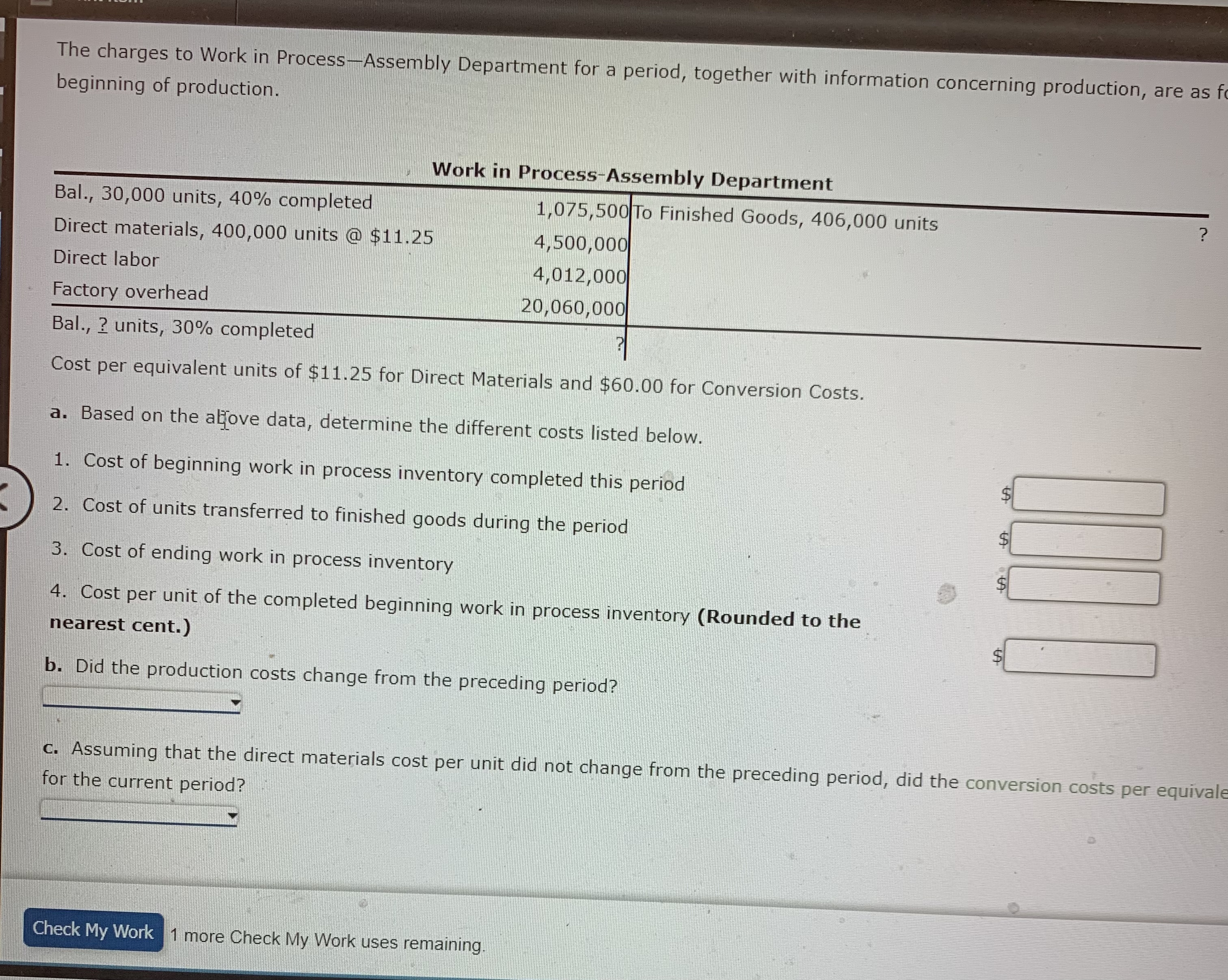  The charges to Work in Process-Assembly Department for a period, together