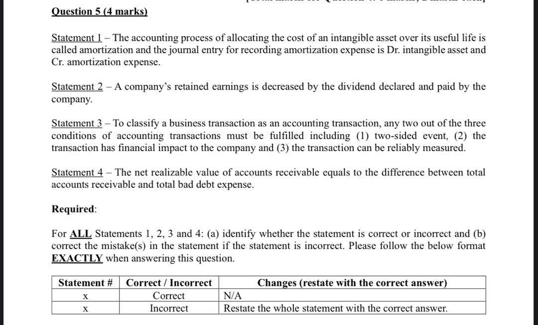  Question 5 (4 marks) Statement 1 - The accounting process of