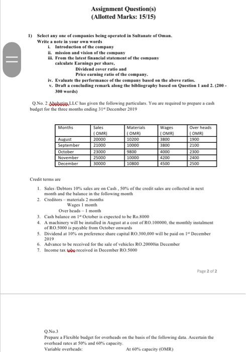  Assignment Question(s) (Allotted Marks: 15/15) II 1) Select any one of