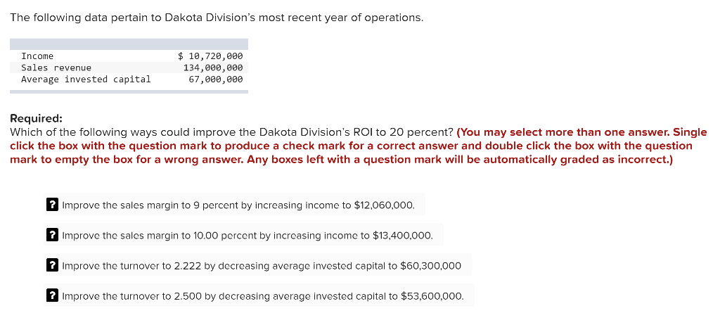Exercise 13-25 Improving ROI (LO 13-3) The following data pertain to Dakota