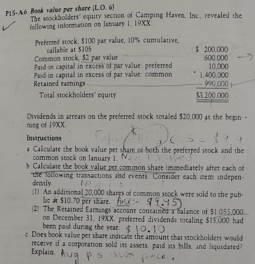  solution required -A6 Book value per share (L.O. 6) The stockholders'