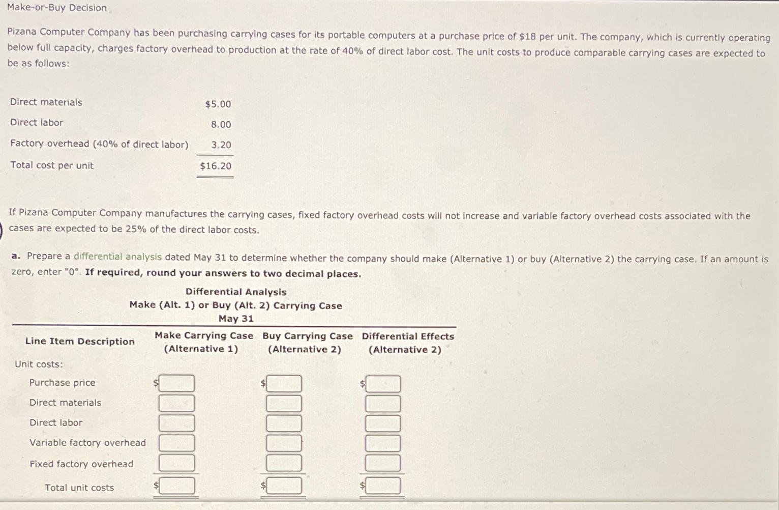  Make-or-Buy Decision Pizana Computer Company has been purchasing carrying cases for