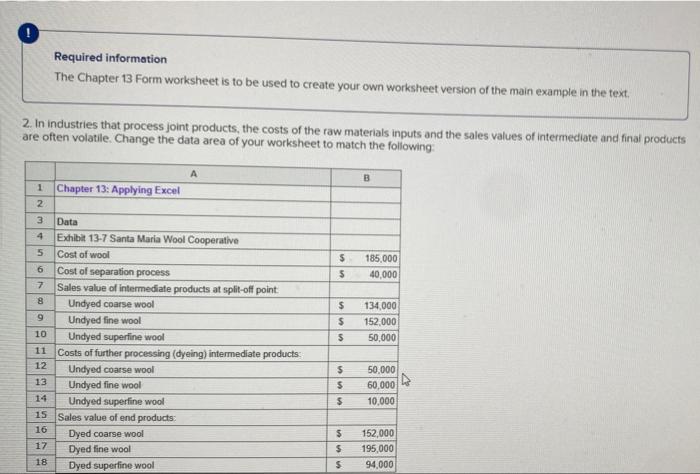 chapter 13 excel: answer a-c2 Required information The Chapter 13 Form worksheet