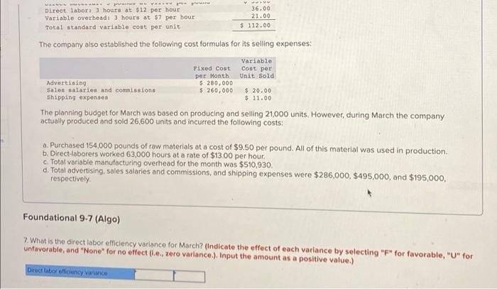 per hour 36.00 Variable overhead: 3 hours at $7 per hour 21.00