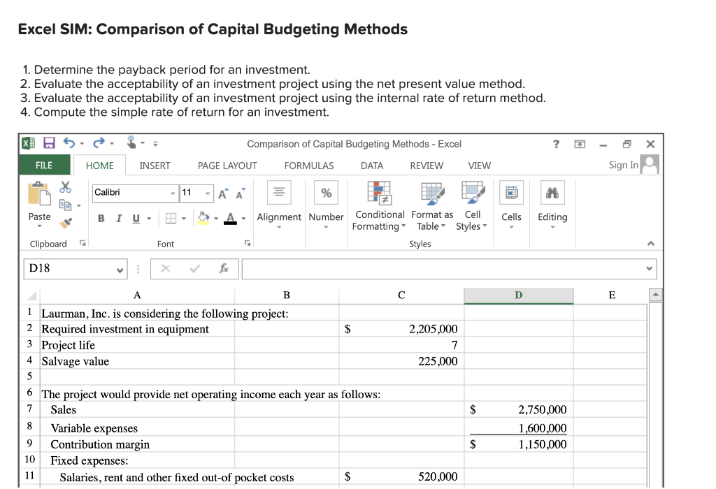  Each answer should be an excel formula Excel SIM: Comparison of