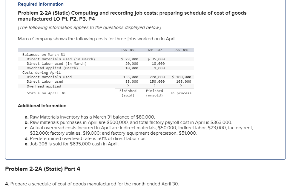  Required information Problem 2-2A (Static) Computing and recording job costs; preparing