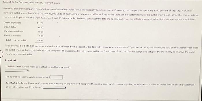 please answer all questions! Special Order Decision, Alternatives, Relevant Costs Redwood Elegance