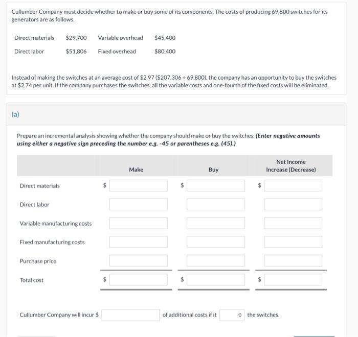 please answer complete question. Cullumber Company must decide whether to make or