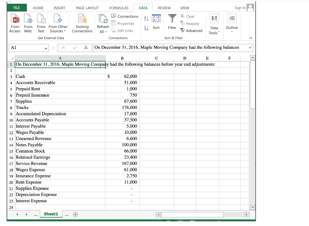 using Excel's SUM, Basic Math Functions and Cell Referencing Maple Moving Company