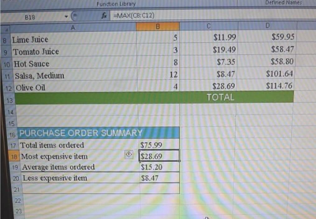 this answer is right?? Defined Names B18 Function Library fx =MAX(C8C12)