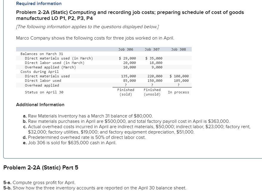  Required information Problem 2-2A (Static) Computing and recording job costs; preparing