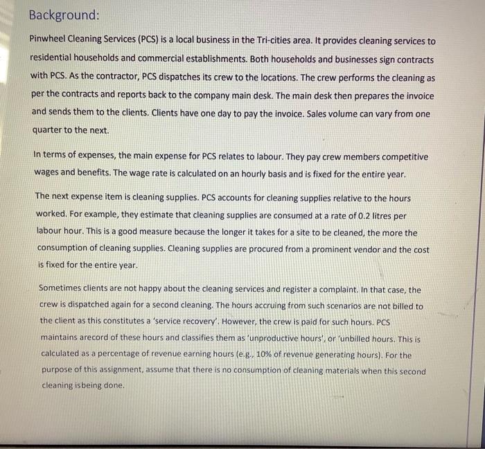  please provide excel sheet with cell references. Background: Pinwheel Cleaning Services