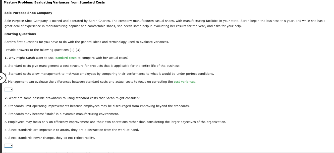 Evaluating Variances from Standard Costs Mastery Problem: Evaluating Variances from Standard Costs