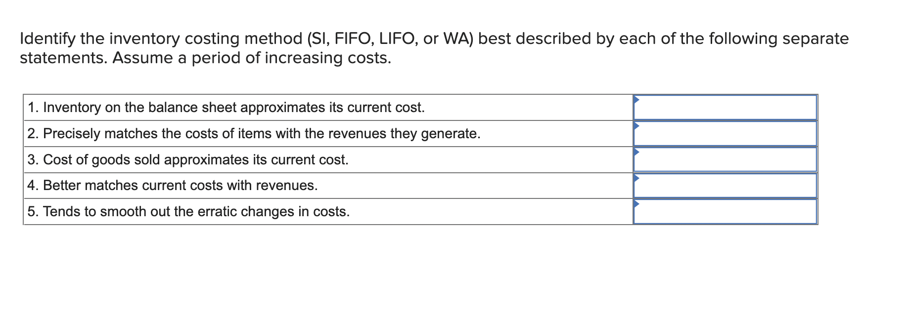 5 Identify the inventory costing method (SI, FIFO, LIFO, or WA) best