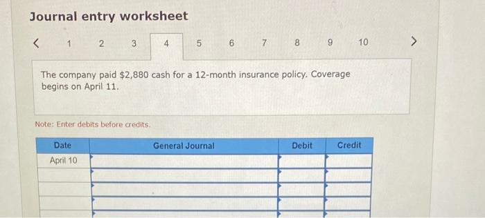 first month's (Apri1) rent. April 4 the company purchased $1,4e0 of office