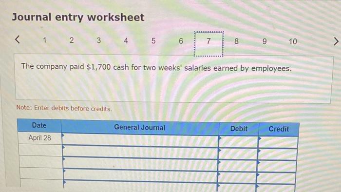 paid 51,700 cash for two weeks' salaries earned by esployees. Apri1 24