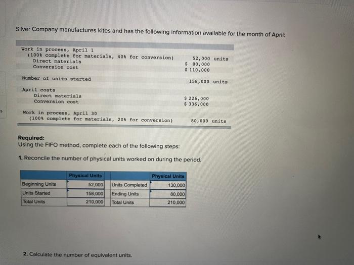 Please complete the remaining blanks in the problem Silver Company manufactures kites