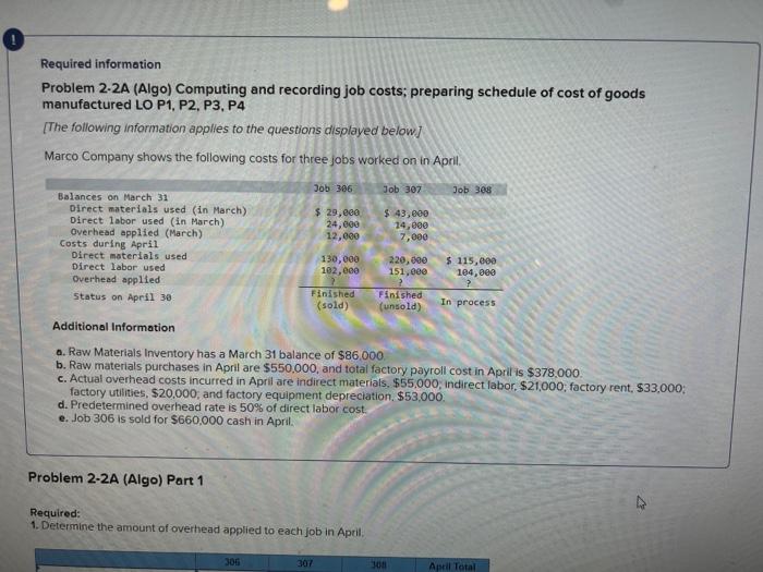 Please answer part 1 and 2 Required information Problem 2-2A (Algo) Computing