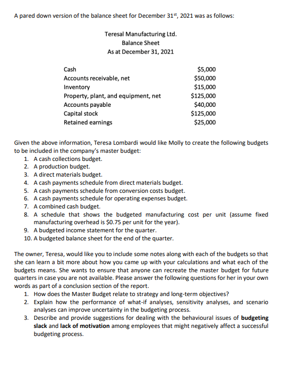 summary of the overall master budget totals that you calculate. The rest