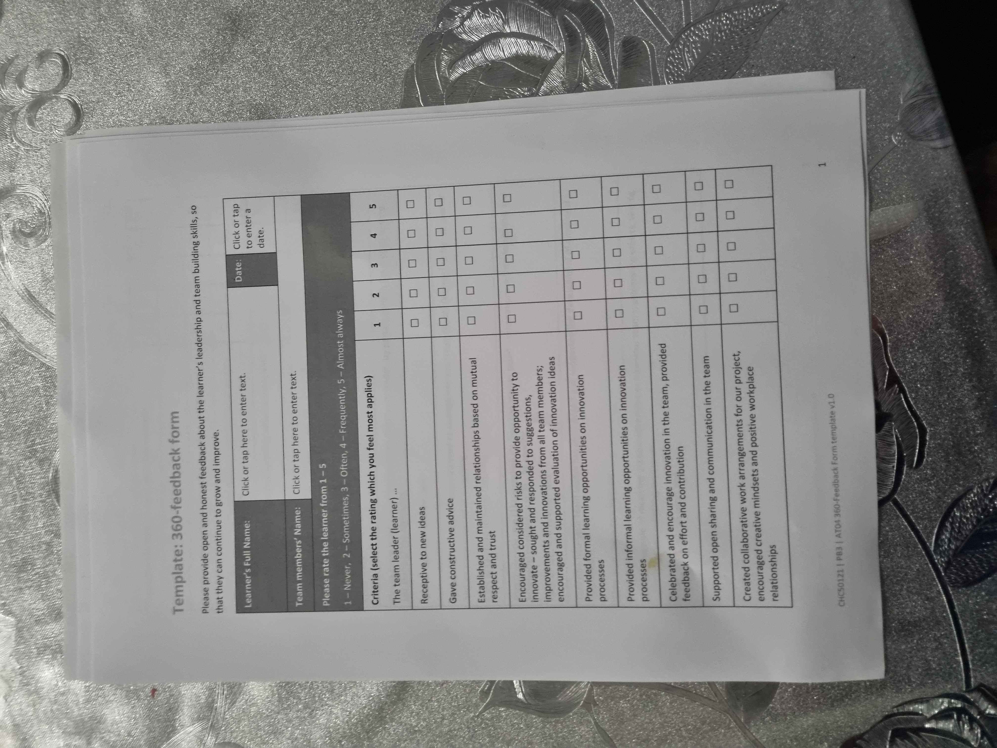  Template: 360-feedback form Please provide open and honest feedback about the