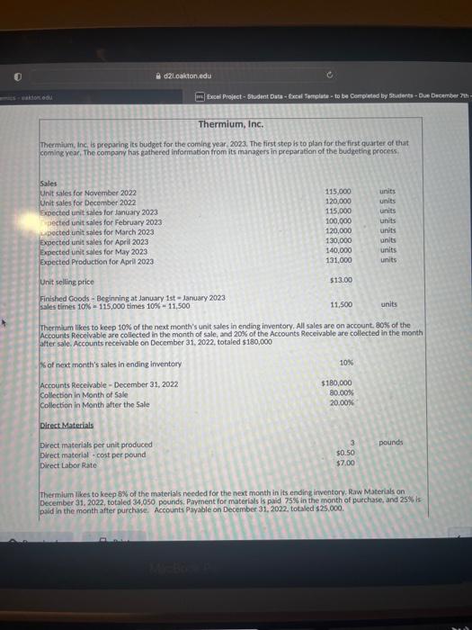 Use the data provided to create the Direct Materials Budget. Use