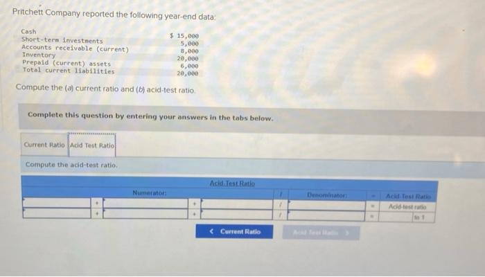 Pritchett Company reported the following year-end data: Compute the (a) current ratio
