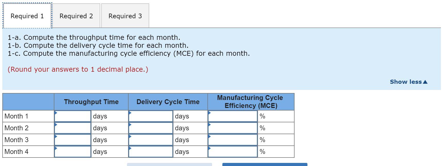 delivery cycle time for each month. 1-c. Compute the manufacturing cycle efficiency