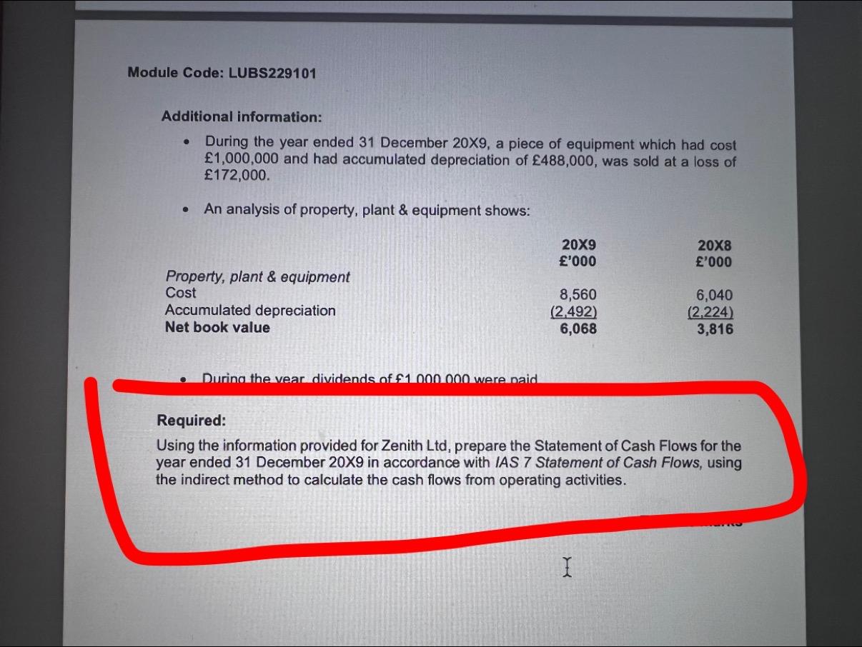 I highlighted the Requirement. Prepare a cashflow Module Code: LUBS229101 Additional information: