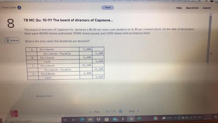  Final Exam Sed Help Save & Exit Submit 8 TB MC