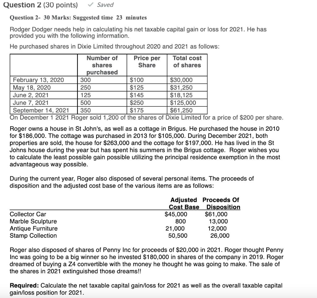 Price per Question 2 (30 points) Saved Question 2- 30 Marks: