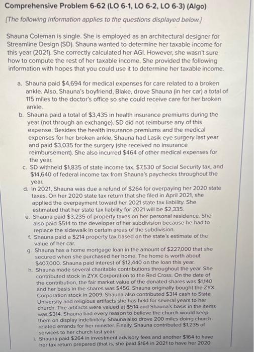  Can I get help Comprehensive Problem 6-62 (LO 6-1, LO 6-2,