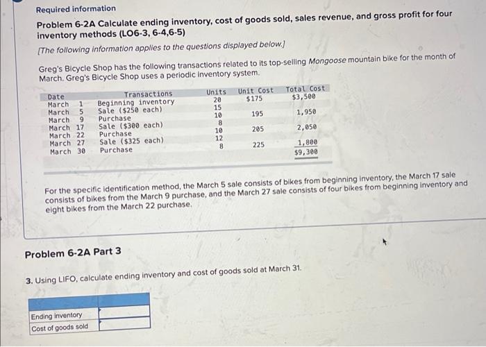 for four inventory methods (L06-3, 6-4,6-5) (The following information applies to the