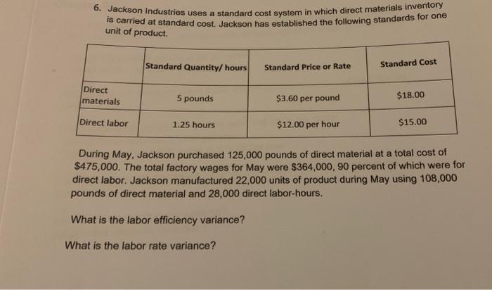 please quickly 6. Jackson Industries uses a standard cost system in which
