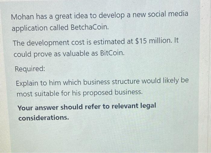 h Mohan has a great idea to develop a new social media