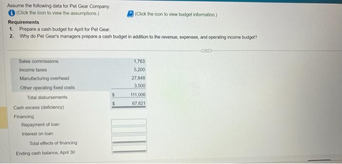 help me dolve this Assume the following data for Pet Gear Company: