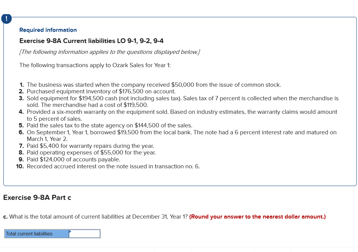  Required information Exercise 9-8A (Algo) Current liabilities LO 9-1,9-2,9-4 Skip to