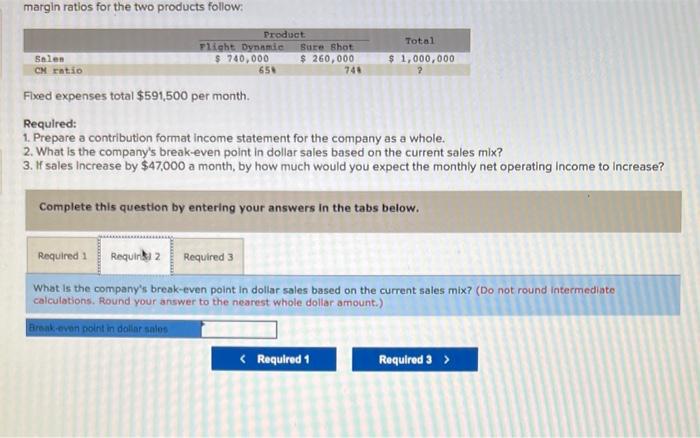 expenses total $591,500 per month. Required: 1. Prepare a contribution format income