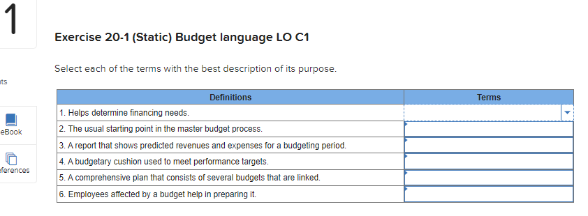  1 Exercise 20-1(Static) Budget language LO C1 Select each of the