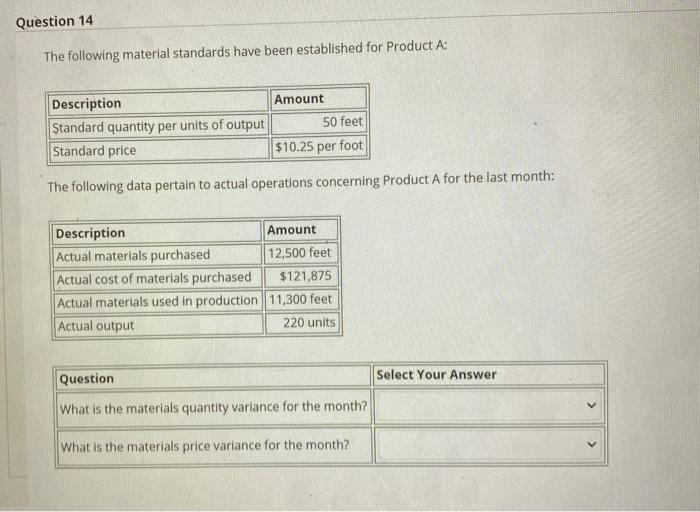 help! Question 14 The following material standards have been established for Product